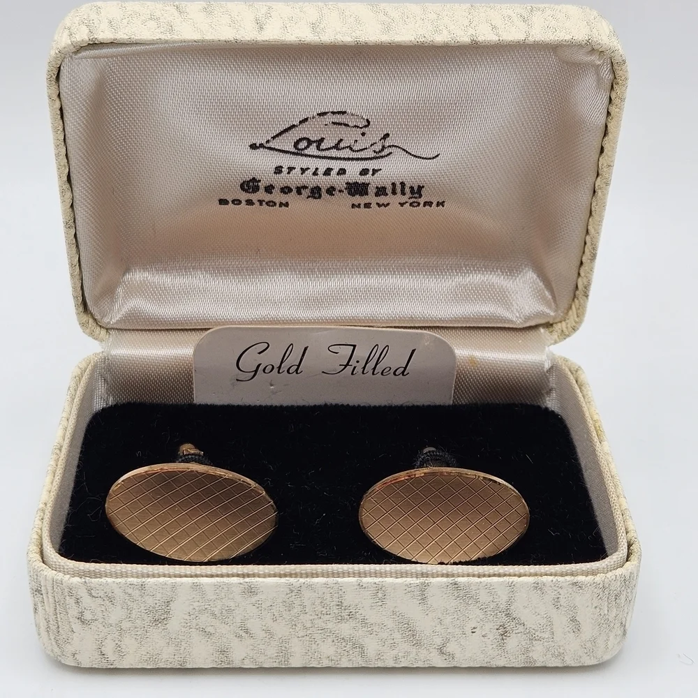 NEW VINTAGE Louis 12K Gold Filled Etched Men's Oval Cufflinks Cuff Links in Box